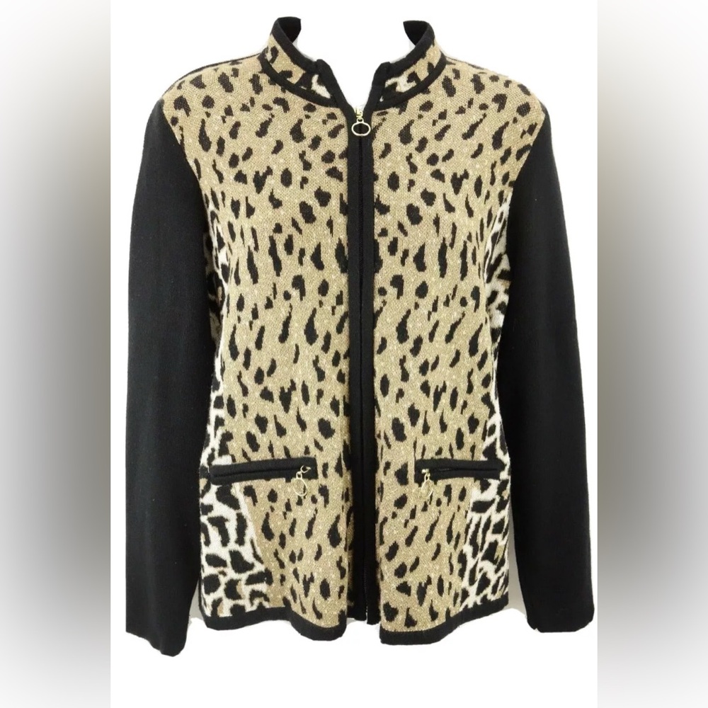 TanJay 1X Zip-Up Leopard Print Sweater w/ Mandarin Collar-Women’s 1X